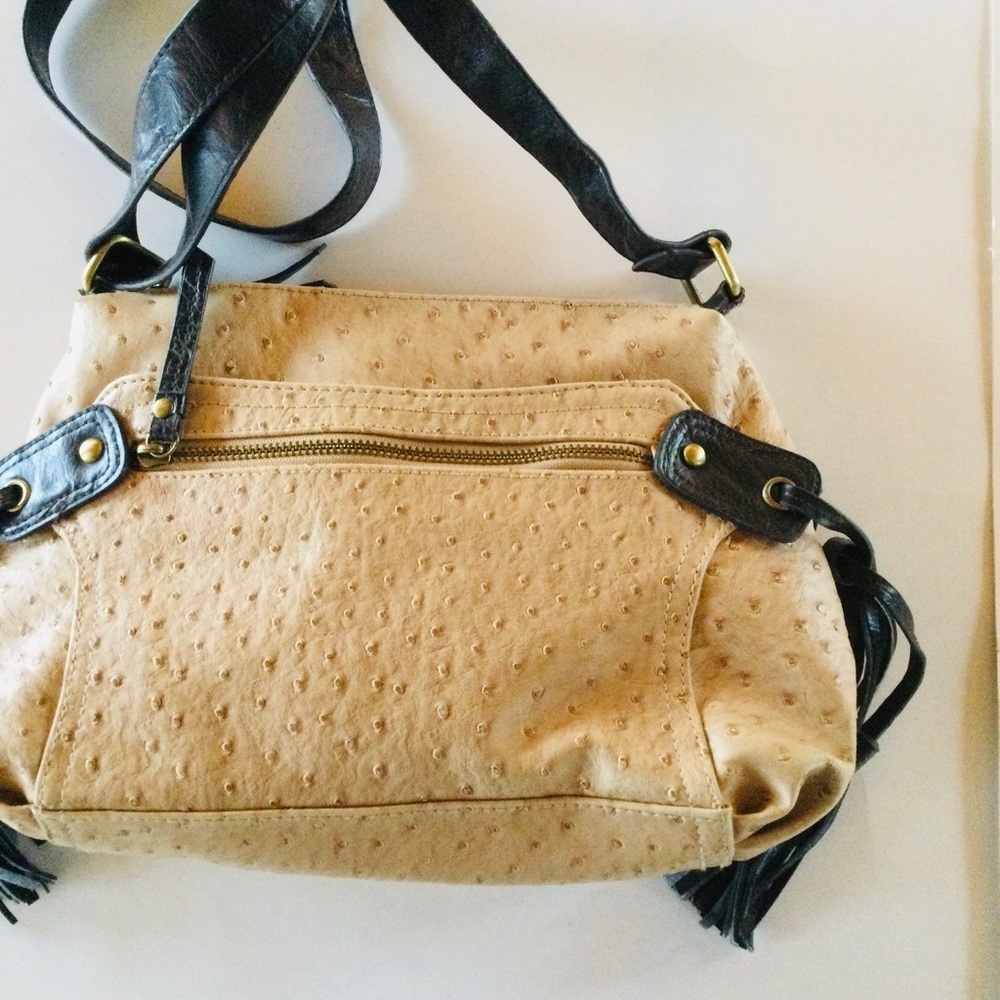 Bueno Tan & Black Shoulder Patent Handbag Fringe Tassels - Picture 5 of 8